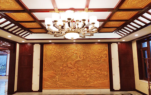 西乡塘中式别墅客厅中式木作横梁吊顶装饰展示